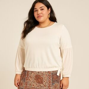 Remade Ivory Boho Tie Front Sheer Sleeve Blouse | 3X | NWT